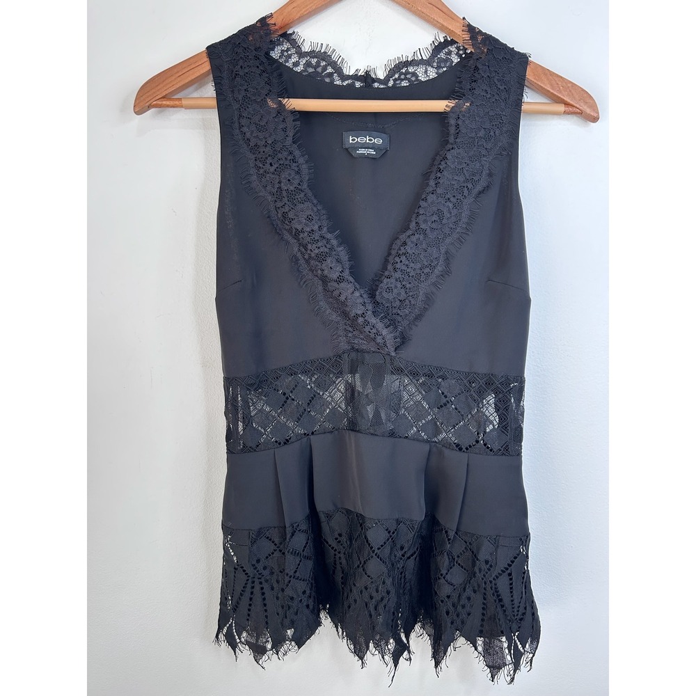 Bebe Black Eyelash Lace Peplum Sleeveless Blouse Sz 4 Whimsigoth Y2K Witchy Goth